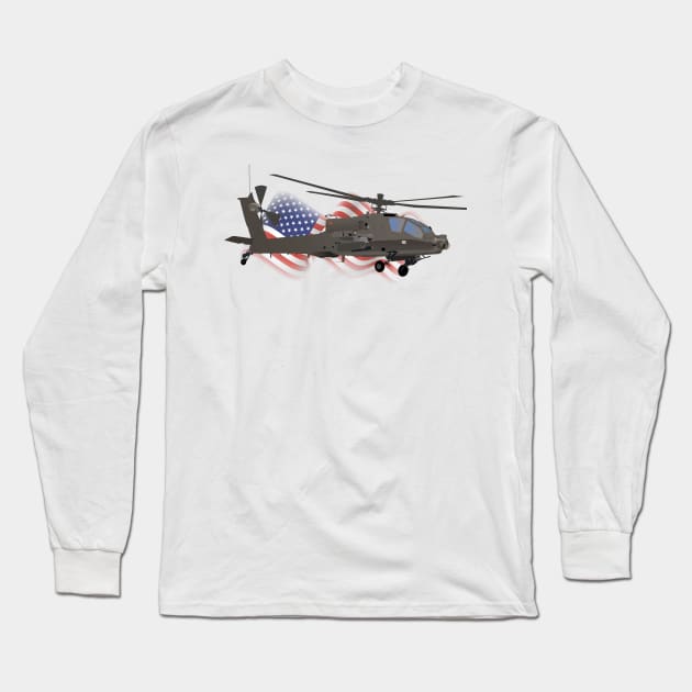 AH-64 Apache Helicopter with American Flag Long Sleeve T-Shirt by NorseTech